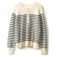 French new half-open round neck striped wool knit women's spring and autumn loose pullover long sleeve cashmere base sweater