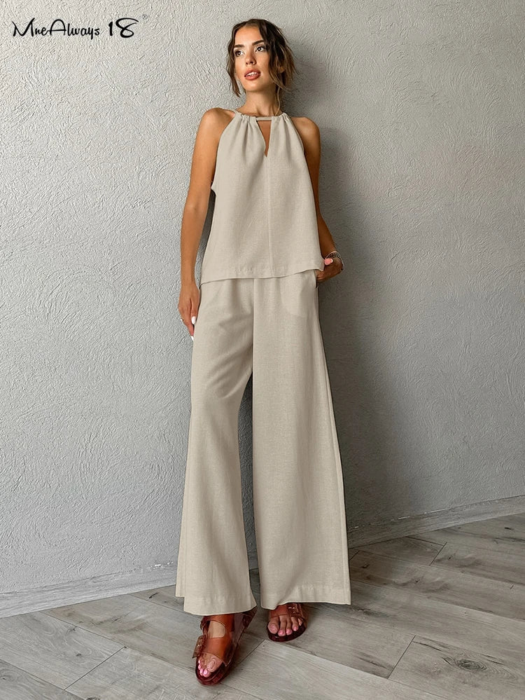 Mnealways18 Elegant Cotton Linen Pants Sets Women Two Pieces Khaki Office Outfits Summer 2024 Sleeveless Tops Pleated Pants Suit