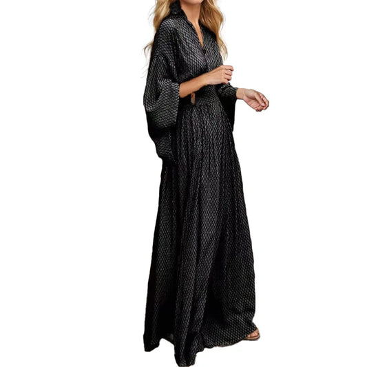 Geometric Trumpet Sleeves Sexy V-neck Waist Casual Loose Long Sleeve Dress