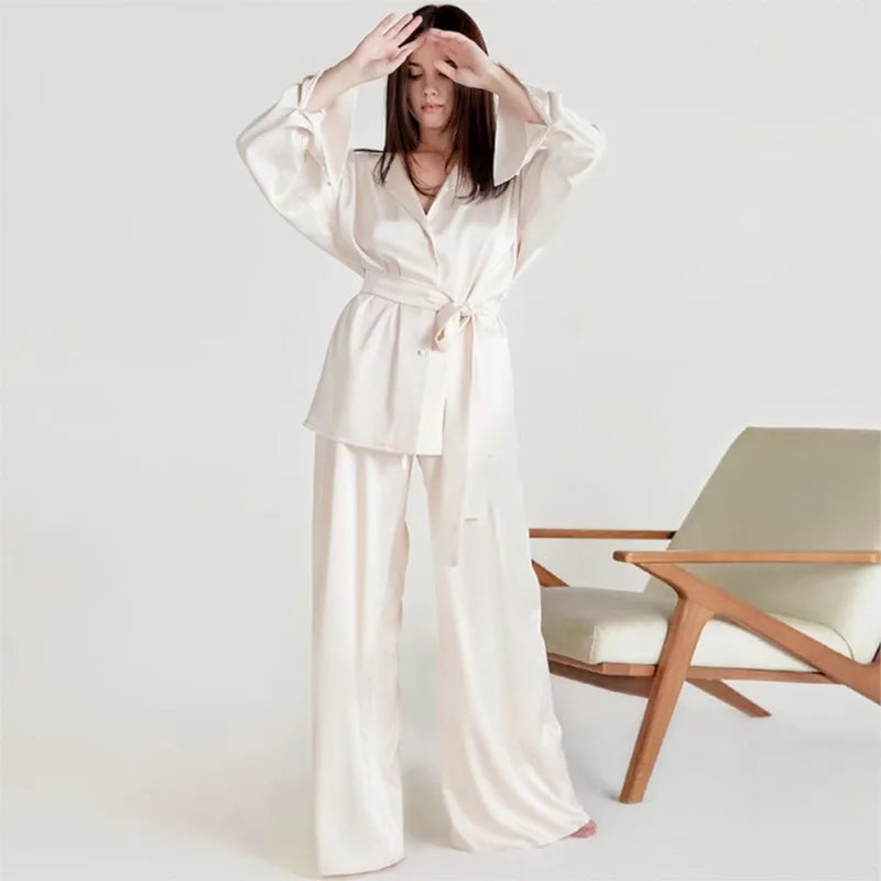 French 2 Pieces  Women Suits Outfits V-Neck Nightgown Shirts With Satin Soft Cozy Pants Sets Casual Daily Home Loose Pajamas