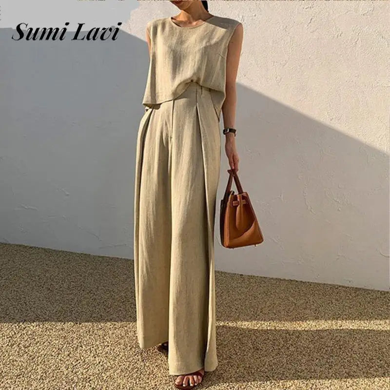 Women Casual Sleeveless Loose 2Pc Set New Fashion Simple Cotton Linen Solid Outfits Elegant O-neck Pullover Top & Long Pant Suit