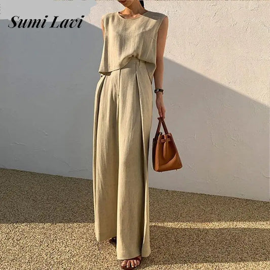 Women Casual Sleeveless Loose 2Pc Set New Fashion Simple Cotton Linen Solid Outfits Elegant O-neck Pullover Top & Long Pant Suit