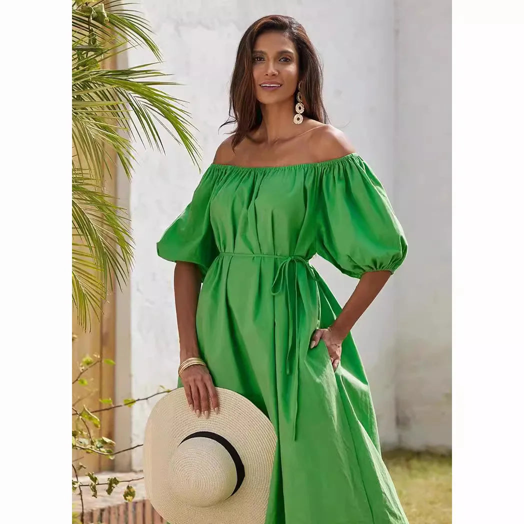 Fashionable Women's Green Lace Up Dress French Casual Lazy Style Bubble Sleeves Slanted Shoulder Short Sleeved Elegant Dress