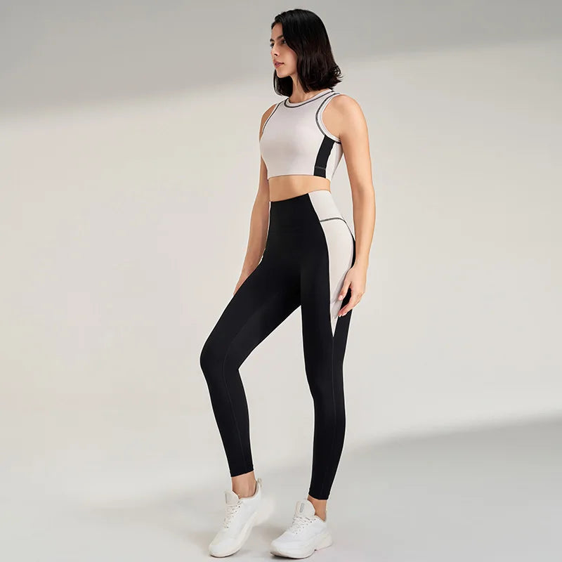 Women's color clashing quick-drying yoga clothes suit gym training clothes suit gathered undershirt lifting hip tight pants