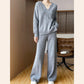 100% Pure Wool Knit Women's Suit V-neck Long-Sleeved Sweater Wide-Leg Pants Trendy Two-Piece Set