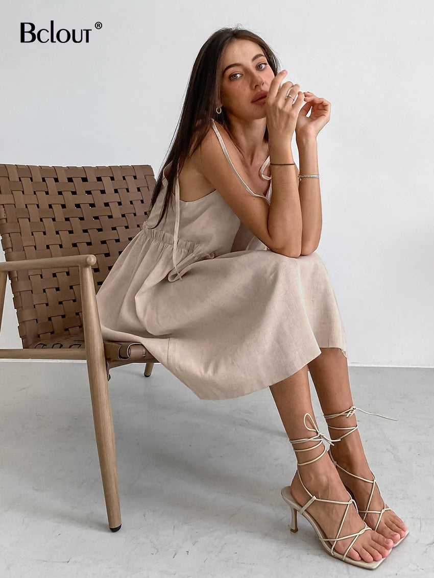 Summer Khaki Linen Dress Women Elegant Spaghetti Strap A-Line Loose Dresses Fashion Ruched Lace-Up Sexy Mini Dresses 2024