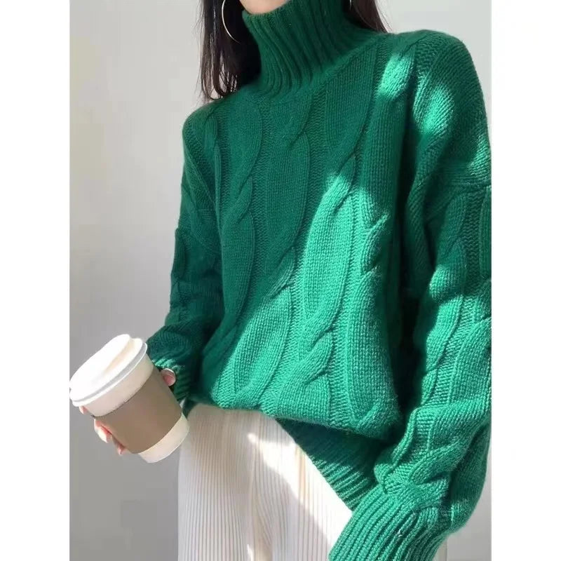 Europe United States fashion turtleneck cashmere sweater women's autumn and winter twisted flower thick knit wool loose sweater