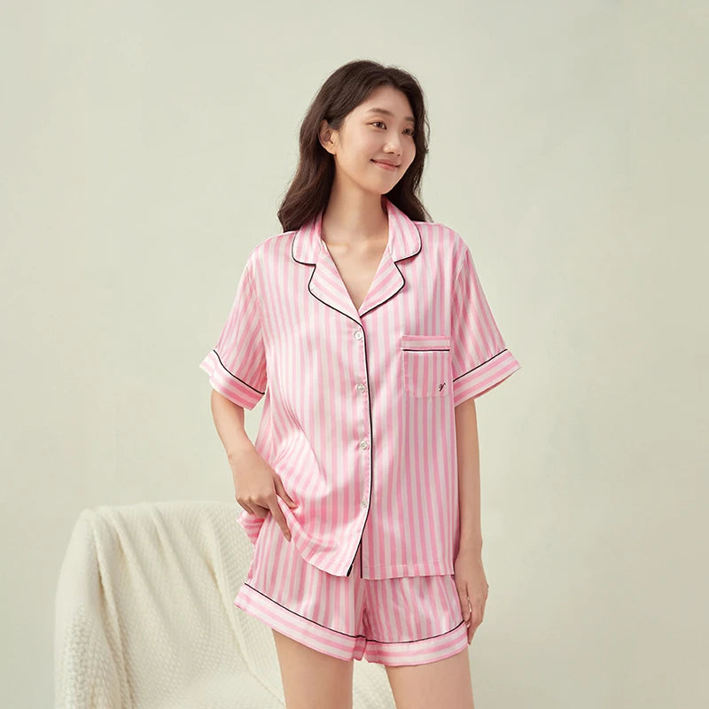 Women's Ice Silk Embroidered Short-Sleeved Pajama Set Shorts Included Striped Design Popular Homewear For Influencers In Summer