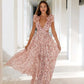 Sexy Pink Printed Deep V Neck Hollow Out Dress Women Sleeveless Ruffle Floral Split Long Dress