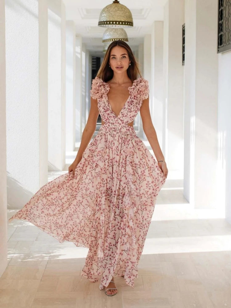 Sexy Pink Printed Deep V Neck Hollow Out Dress Women Sleeveless Ruffle Floral Split Long Dress