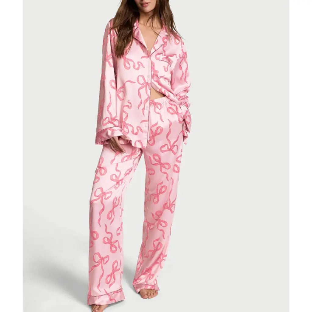 Women 2Pcs Satin Pyjamas Loungewear Set Long Sleeve Lapel Neck Bow/Star Print Shirt Tops+Elastic Waist Pants Sleepwear