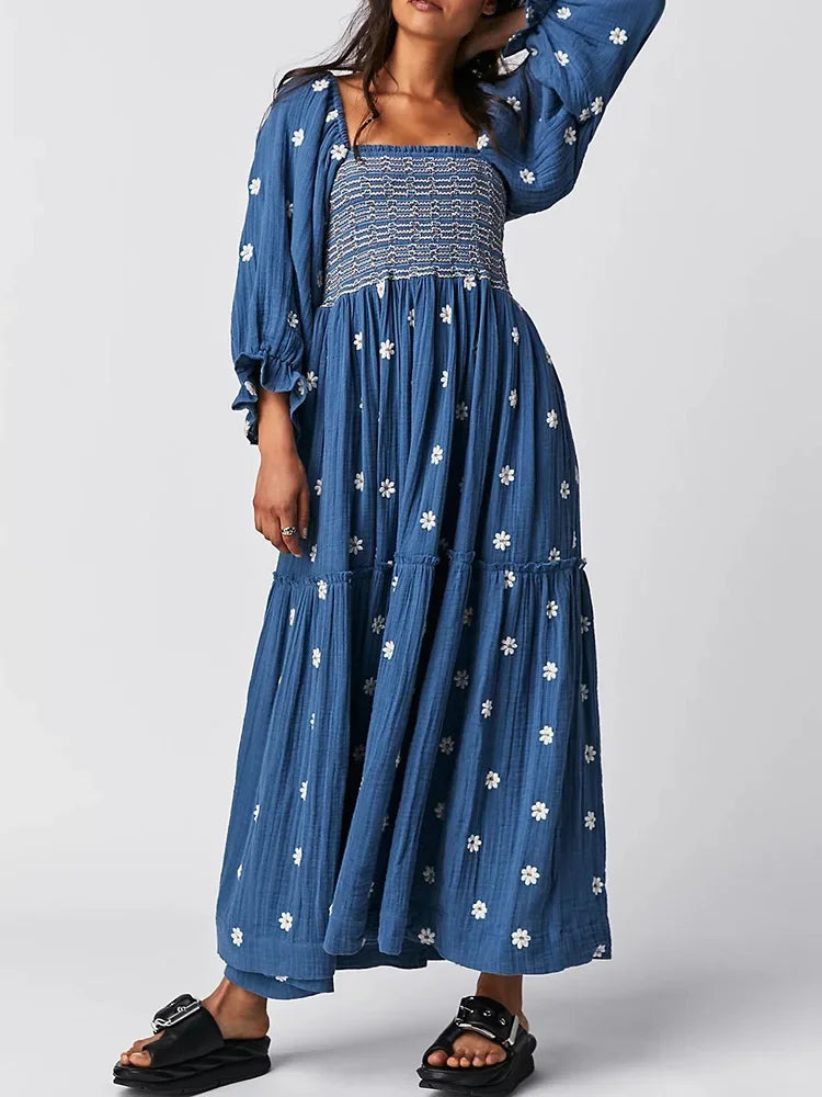 Floral Embroidery Maxi Dress Spring Autumn Long Sleeve Loose Boho Women Ruffles Casual Holiday Tiered Ladies Dresses