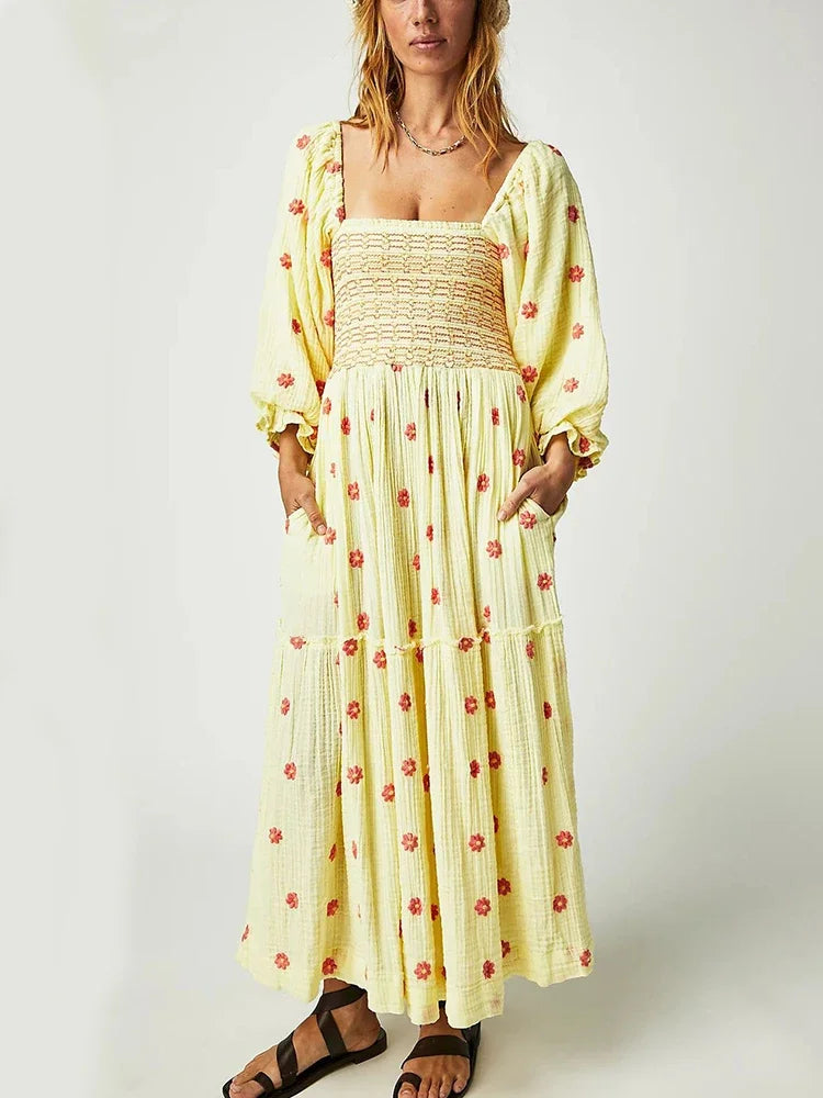 Floral Embroidery Maxi Dress Spring Autumn Long Sleeve Loose Boho Women Ruffles Casual Holiday Tiered Ladies Dresses