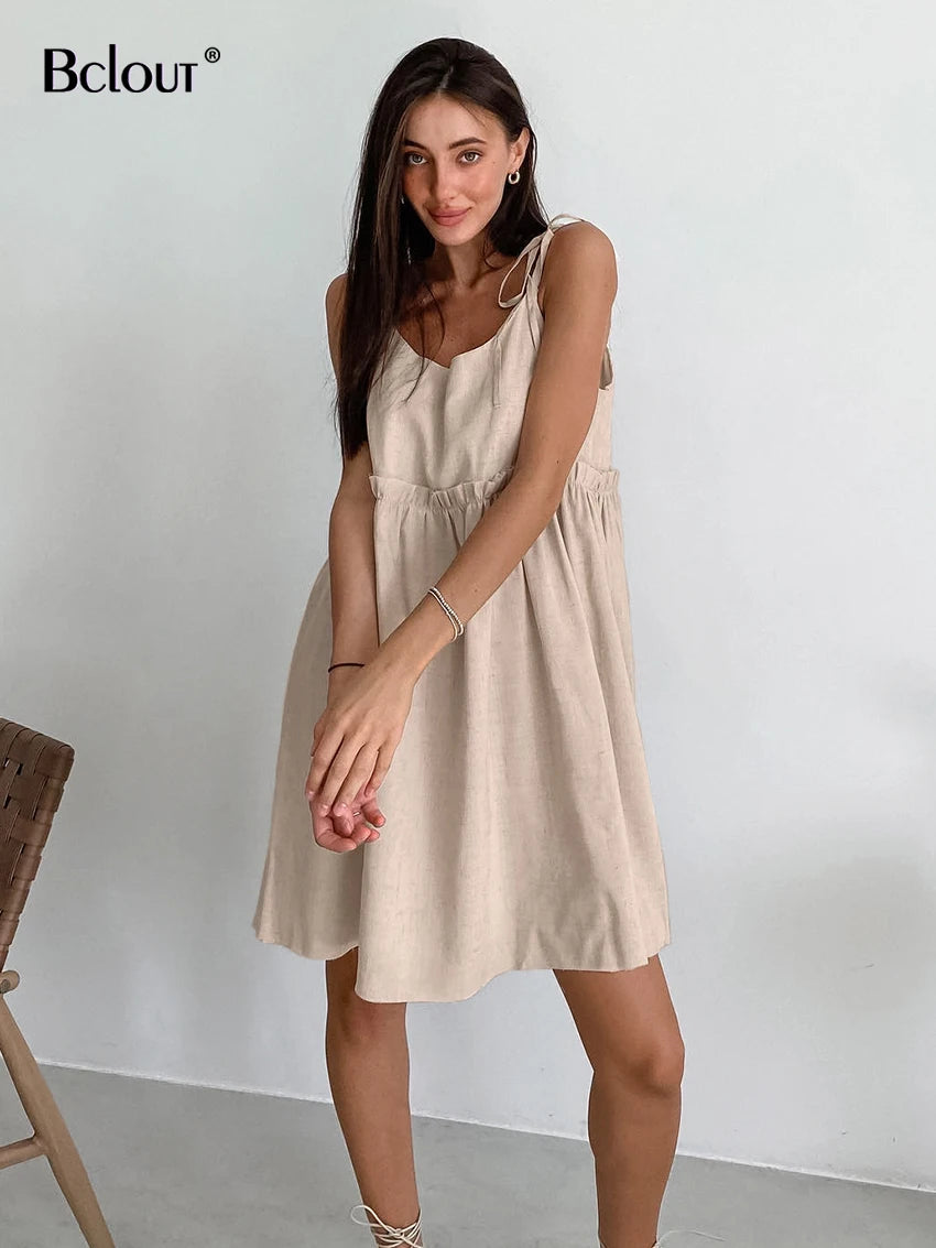 Summer Khaki Linen Dress Women Elegant Spaghetti Strap A-Line Loose Dresses Fashion Ruched Lace-Up Sexy Mini Dresses 2024