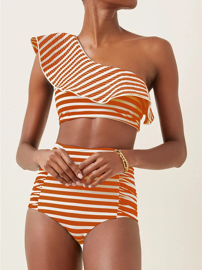 Striped Print Ruffle Split Swimsuit