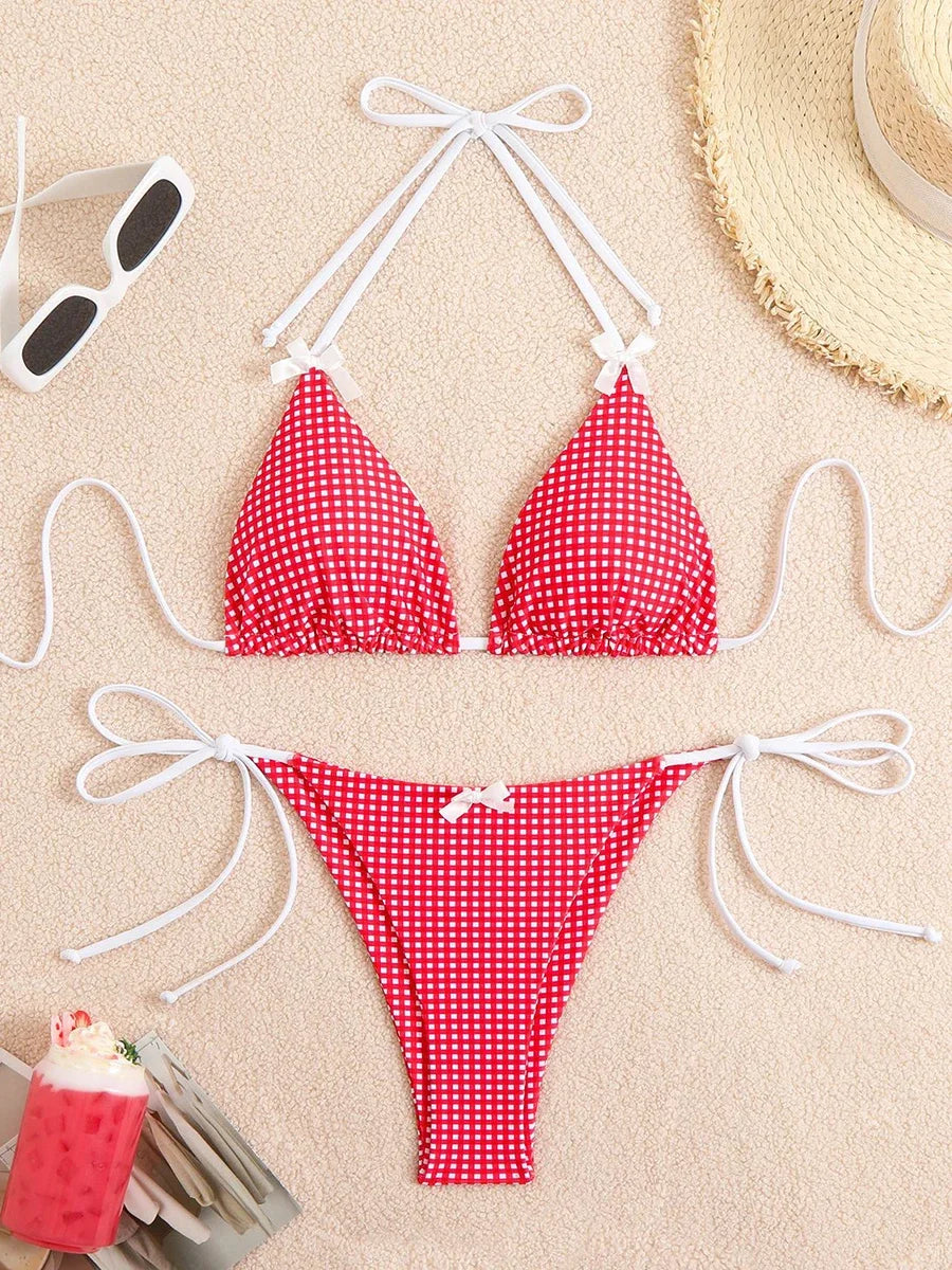 Sexy Bikini 2025 Swimwear Women's Swimsuit Butterfly Decor Checked Halter Thong Bikinis Sets Swimming for Beachwear Bathing Suit