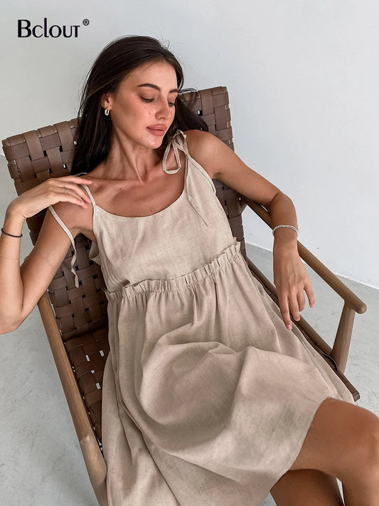 Summer Khaki Linen Dress Women Elegant Spaghetti Strap A-Line Loose Dresses Fashion Ruched Lace-Up Sexy Mini Dresses 2024