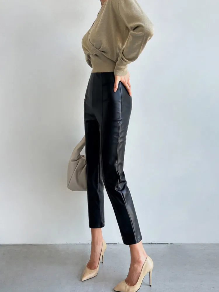 PU Autumn Winter Leather Pencil Pant Women Bodycon Fashion Office High Waist Ladies Trousers Casual Woman Pants 2024