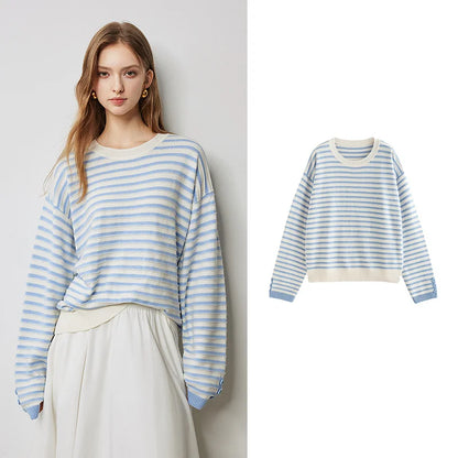 Women Knitted Sweater 2024 Autumn New Striped Long Sleeve Contrasting Woven Round Neck Pullover Tops