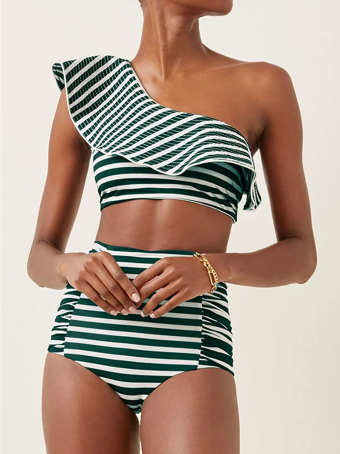 Striped Print Ruffle Split Swimsuit