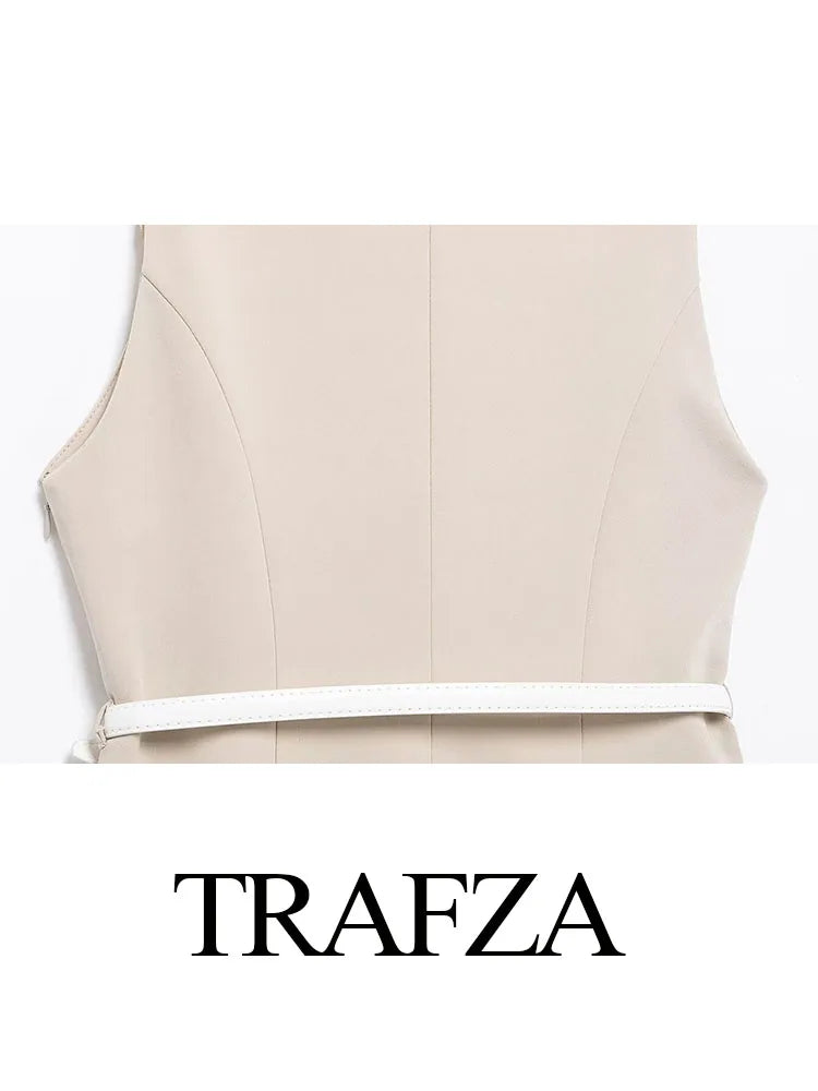 TRAFZA Women's Summer Fashion Dresses Solid O-Neck Sleeveless Pockets Belt Decoration Zipper Female High Street Mini Dress