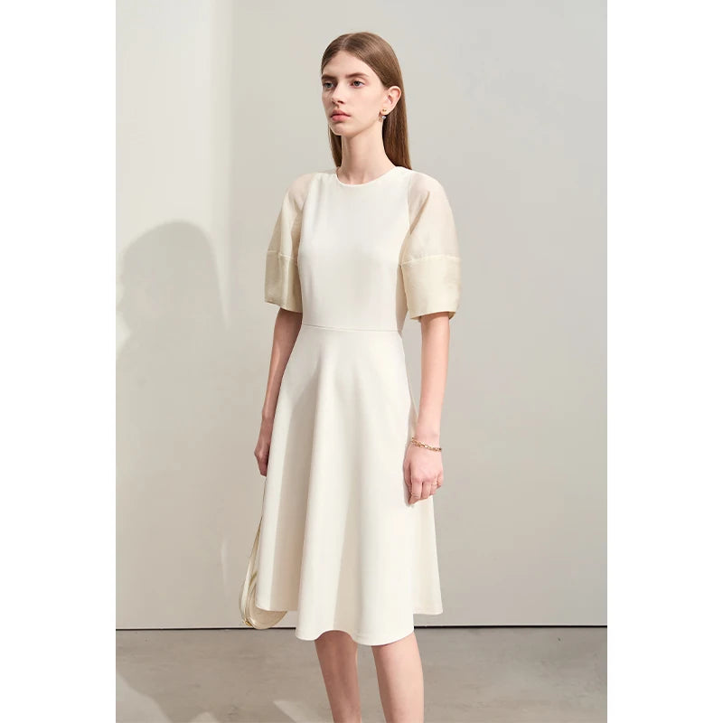 Minimalism Dress For Women 2024 Summer New Round Neck Splicing Lantern Sleeve Female Waisted French Solid Dresses 12422079