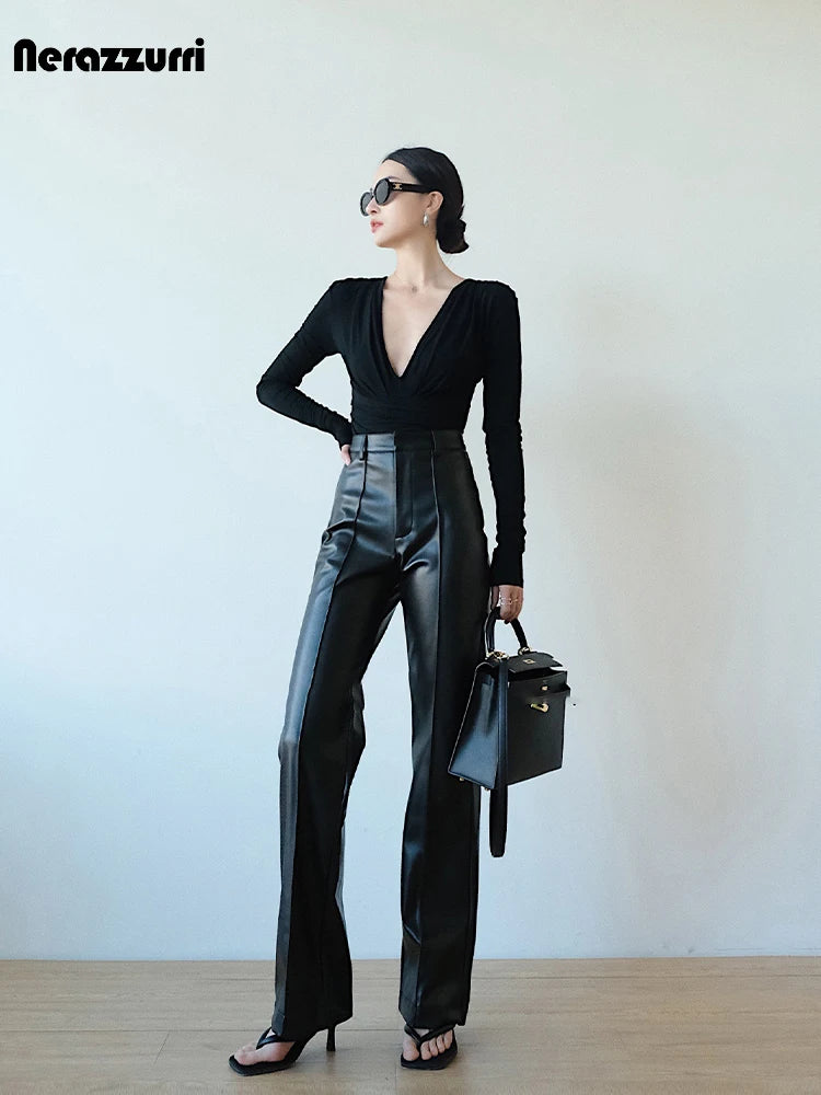 Stylish Chic Black Soft PU Leather Straight Pants Women High Waist Autumn Winter Ladies Faux Leather Trousers 2023