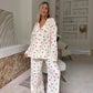 Summer New Love Heart Print Pyjama 100% Cotton Long Sleeve Set 2Pcs Outfit Lapel Sleepwear Button Down Women's Pajamas Nightwear