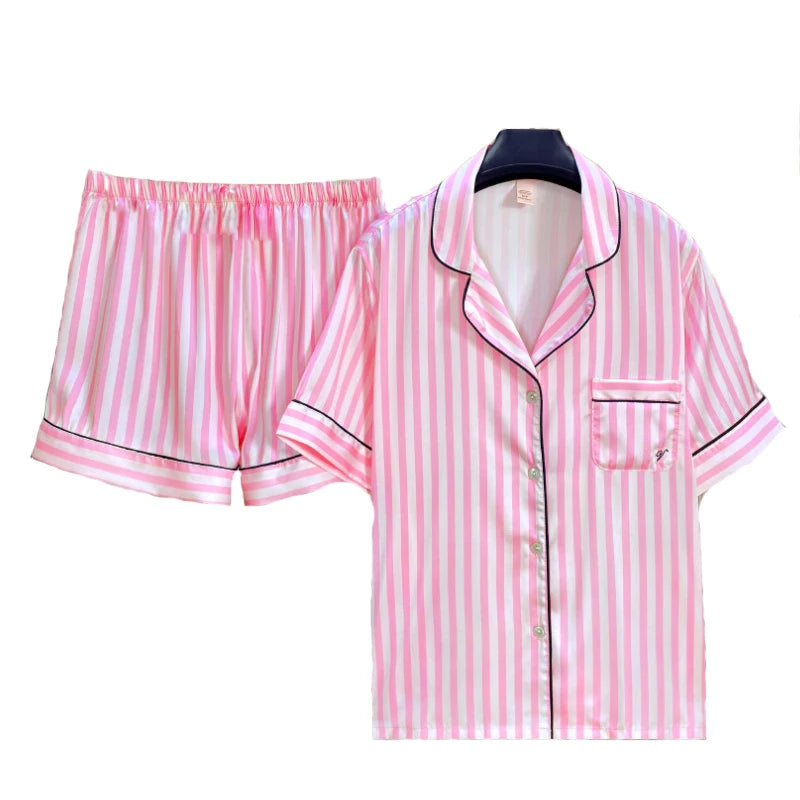 Women's Ice Silk Embroidered Short-Sleeved Pajama Set Shorts Included Striped Design Popular Homewear For Influencers In Summer