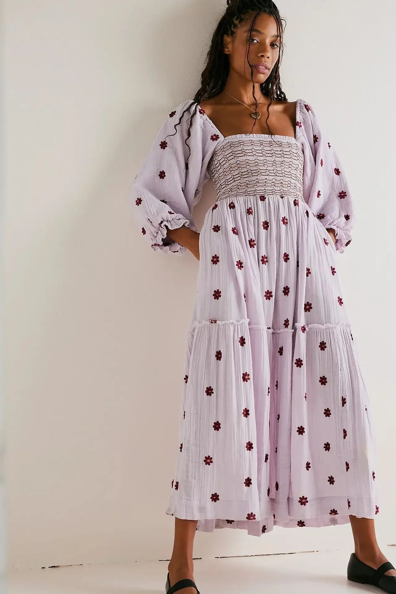 Floral Embroidery Maxi Dress Spring Autumn Long Sleeve Loose Boho Women Ruffles Casual Holiday Tiered Ladies Dresses