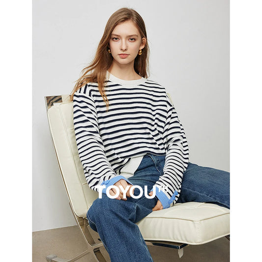 Women Knitted Sweater 2024 Autumn New Striped Long Sleeve Contrasting Woven Round Neck Pullover Tops