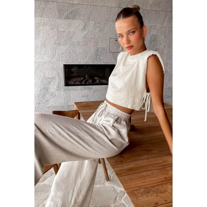 Cotton Linen Pants Sets Khaki Summer Women 2 Piece 2024 Fashion Lace-Up Crop Tops Vacation Elastic Waist Loose Long Pants Suits