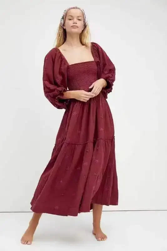 Floral Embroidery Maxi Dress Spring Autumn Long Sleeve Loose Boho Women Ruffles Casual Holiday Tiered Ladies Dresses