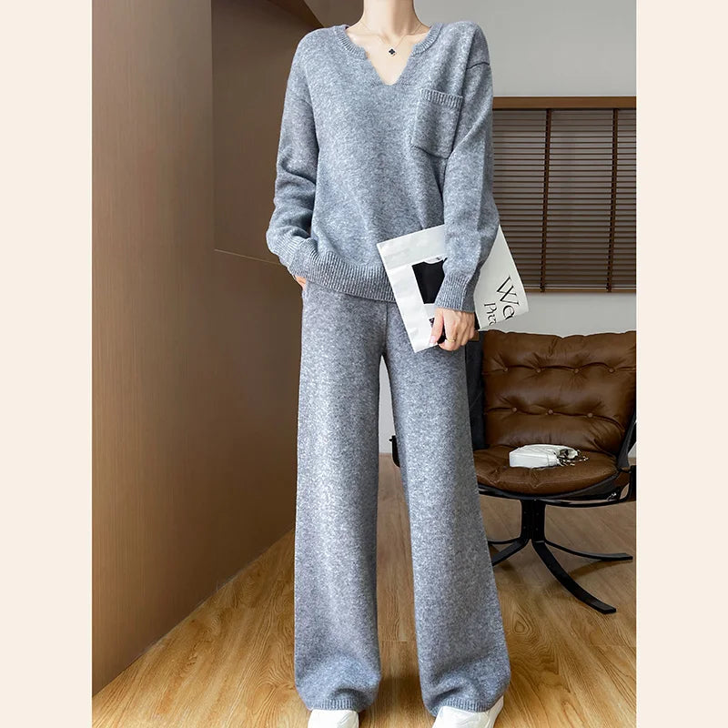 100% Pure Wool Knit Women's Suit V-neck Long-Sleeved Sweater Wide-Leg Pants Trendy Two-Piece Set