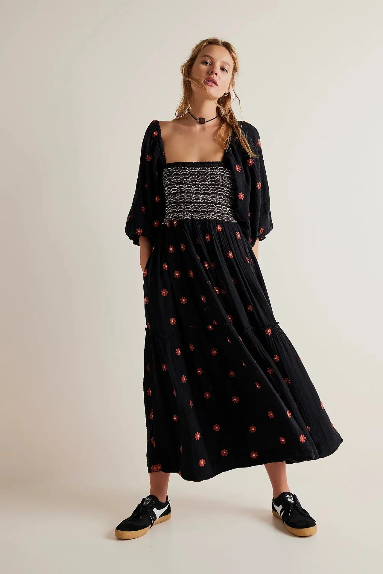 Floral Embroidery Maxi Dress Spring Autumn Long Sleeve Loose Boho Women Ruffles Casual Holiday Tiered Ladies Dresses