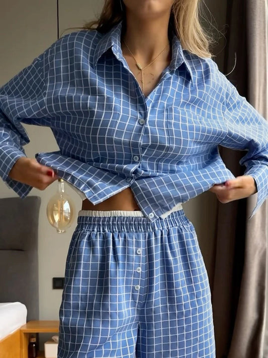 Striped Ladies Nightgown Set Long Sleeve Pyjamas Turn-Down Collar Sleepwear Crop Top Pajama Pants Casual Nightie Suit