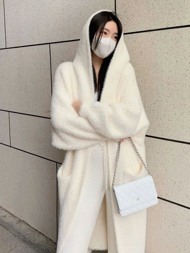 white Long Cardigan for women 2024 new winter clothes Knitted fluffy long sleeve Cashmere sweater coat korean style warm vintage