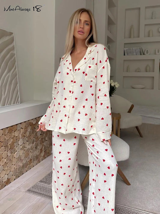 Love Print Cotton Pant Suits For Women Single-Breasted Pocket New In Women's Sleepwear Lapel Long Sleeve Woman