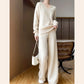 100% Pure Wool Knit Women's Suit V-neck Long-Sleeved Sweater Wide-Leg Pants Trendy Two-Piece Set