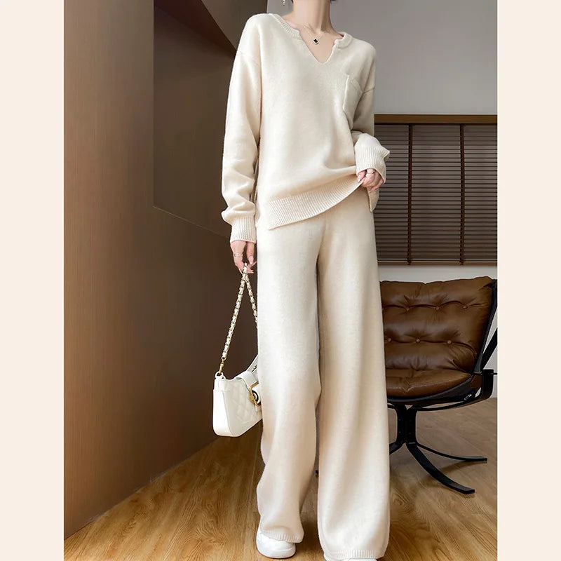 100% Pure Wool Knit Women's Suit V-neck Long-Sleeved Sweater Wide-Leg Pants Trendy Two-Piece Set