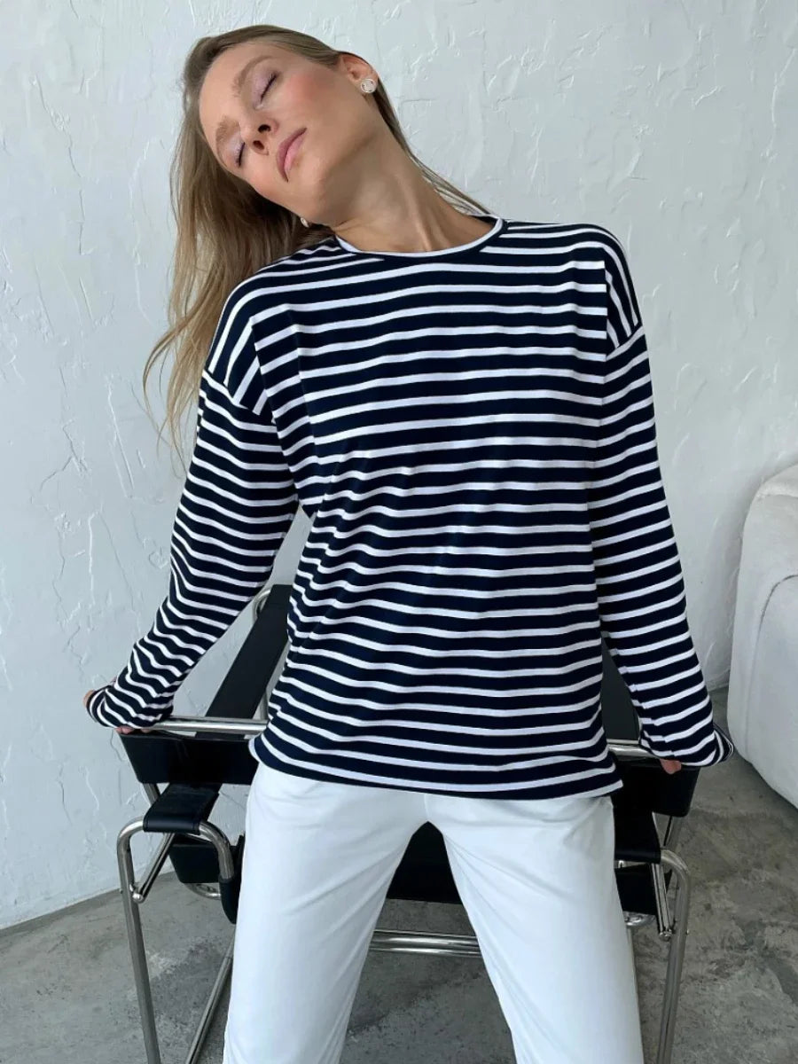 Wolfeel 2023 Summer Long Sleeve Striped T-Shirts Women Basic Casual Tops Female Cozy Loose Cotton Tees Harajuku T Shirt New