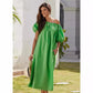 Fashionable Women's Green Lace Up Dress French Casual Lazy Style Bubble Sleeves Slanted Shoulder Short Sleeved Elegant Dress