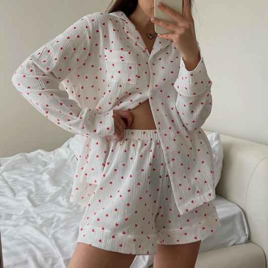 Women 2 Piece Pyjamas Set Cherry Graphic Print Short Sleeve Button Shirt and Shorts Loungewear Sleepwear PJ Sets