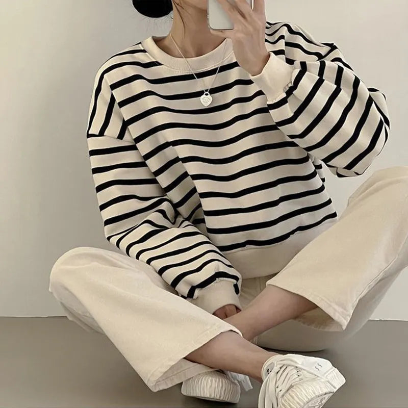 Fall Thin Striped Print Long Sleeve Women T Shirt Harajuku Casual All-match Fashion Oversized Student Vintage Top Tee Black Grey