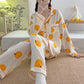 Women Pajamas Set Orange Print Sleepwear Autumn Korean Fashion Sweet Pyjamas Button Homewear Suit Women Home Clothes