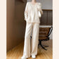 100% Pure Wool Knit Women's Suit V-neck Long-Sleeved Sweater Wide-Leg Pants Trendy Two-Piece Set