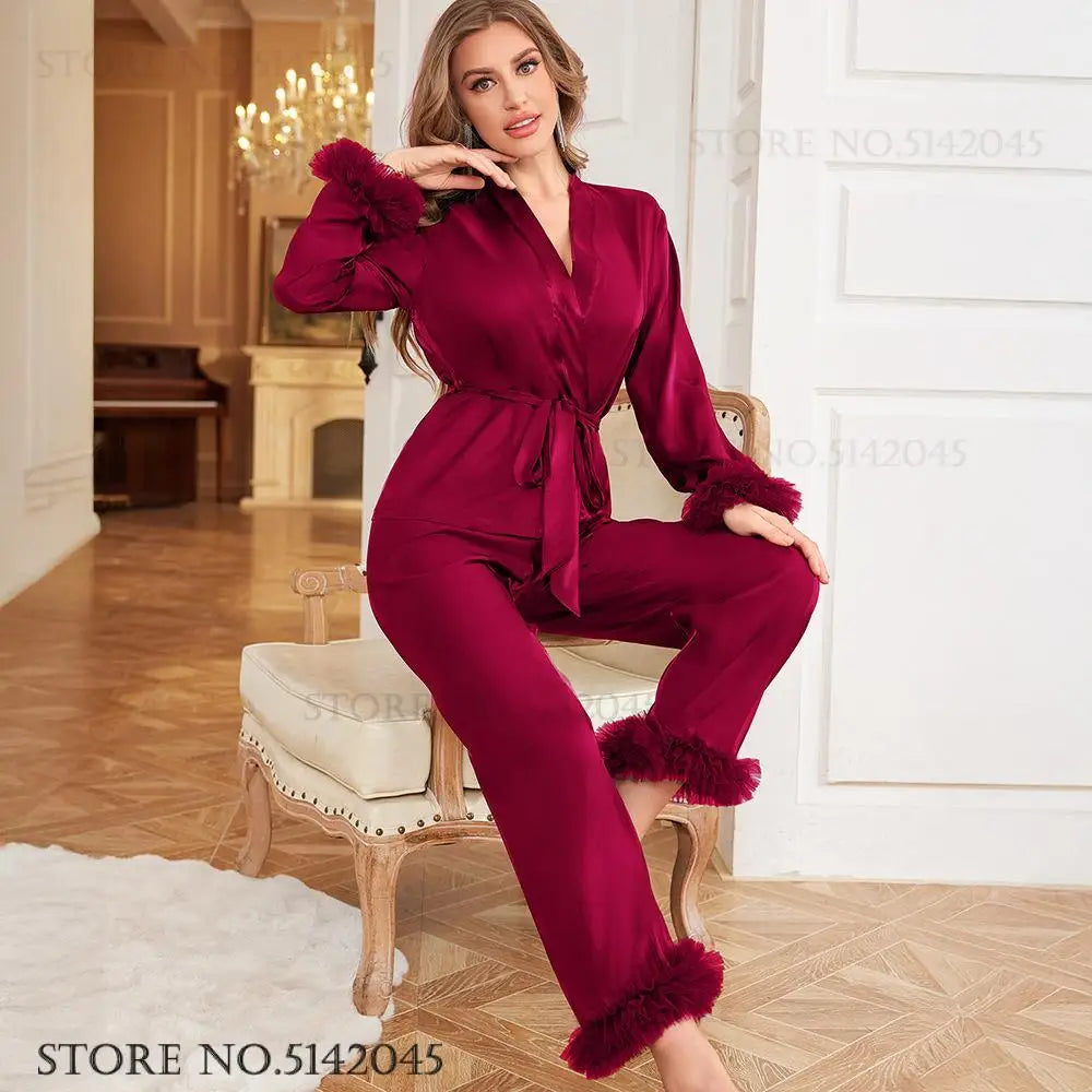 Sleepwear 2PCS Pyjamas Set White Stripes Lace Trouser Suits Pyjama