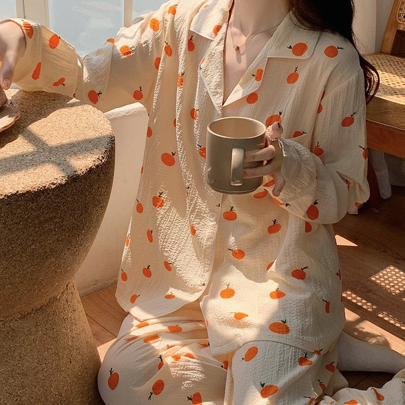 Women Pajamas Set Orange Print Sleepwear Autumn Korean Fashion Sweet Pyjamas Button Homewear Suit Women Home Clothes