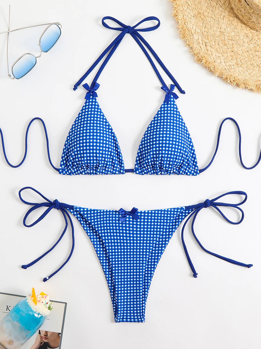 Sexy Bikini 2025 Swimwear Women's Swimsuit Butterfly Decor Checked Halter Thong Bikinis Sets Swimming for Beachwear Bathing Suit