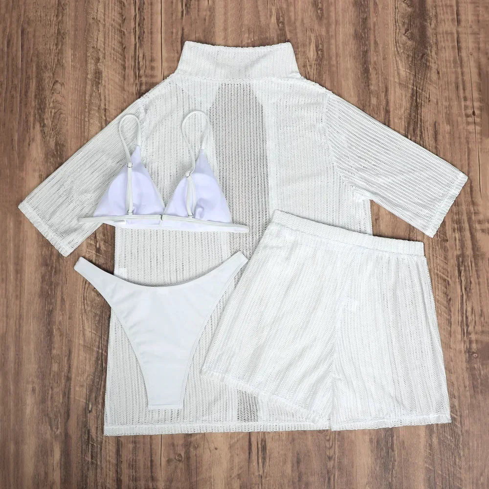 White Mesh Shirts Shorts Swimwear 4 Piece Bikinis Sets Beach Wear Sexy Swimsuit Women Bathing Suit Triangle Bikini 2025 Mujer